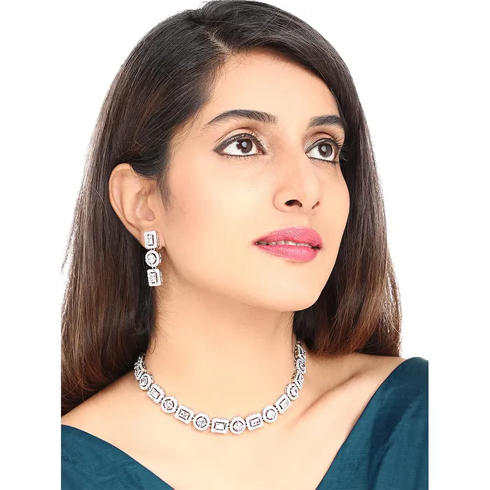 Necklaces Yellow Chimes Yellow Chimes Traditional American Diamond Rhodium Rose Gold Plated AD Necklace Jewellery Set for Women