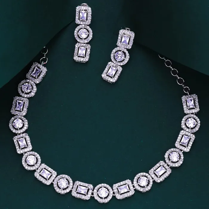 Necklaces Yellow Chimes Yellow Chimes Traditional American Diamond Rhodium Rose Gold Plated AD Necklace Jewellery Set for Women