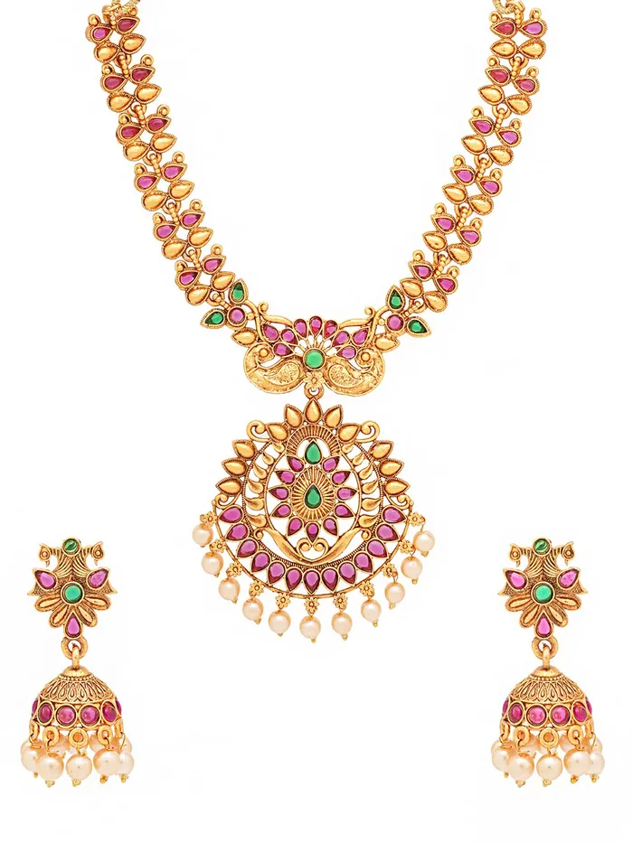 Necklaces Yellow Chimes Yellow Chimes Womens Temple Traditional Gold Plated Studded Stone Antique Jewellery Necklace Set Necklaces Yellow Chimes Yellow Chimes Womens Temple Traditional Gold Plated Studded Stone Antique Jewellery Necklace Set