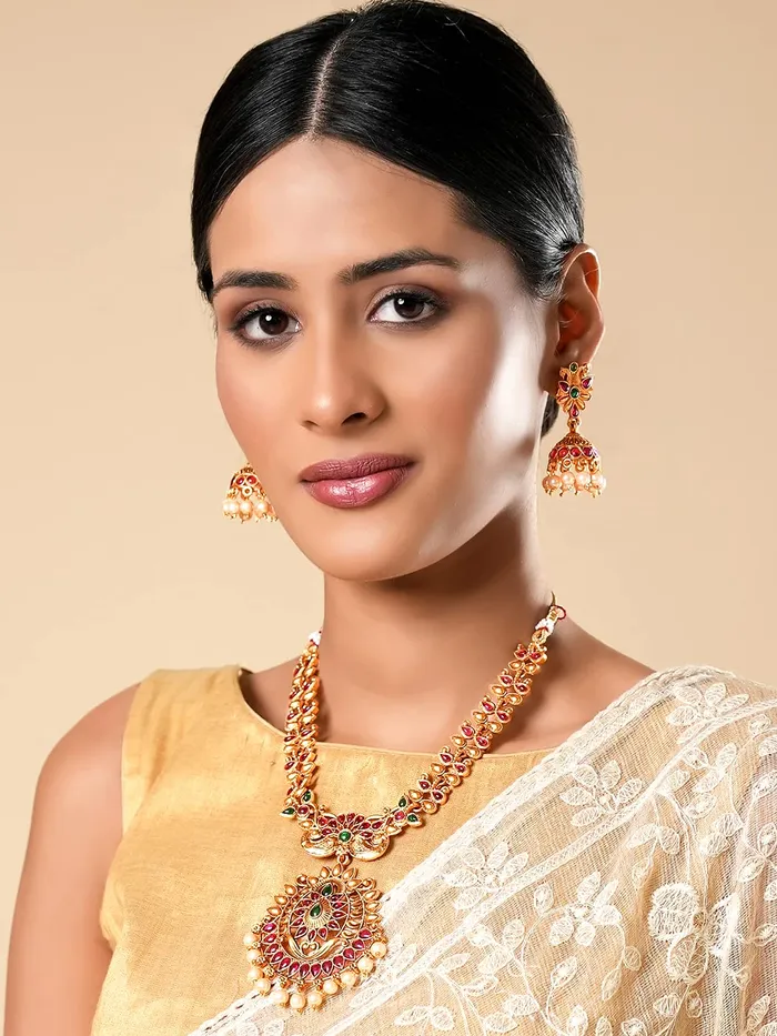 Necklaces Yellow Chimes Yellow Chimes Womens Temple Traditional Gold Plated Studded Stone Antique Jewellery Necklace Set
