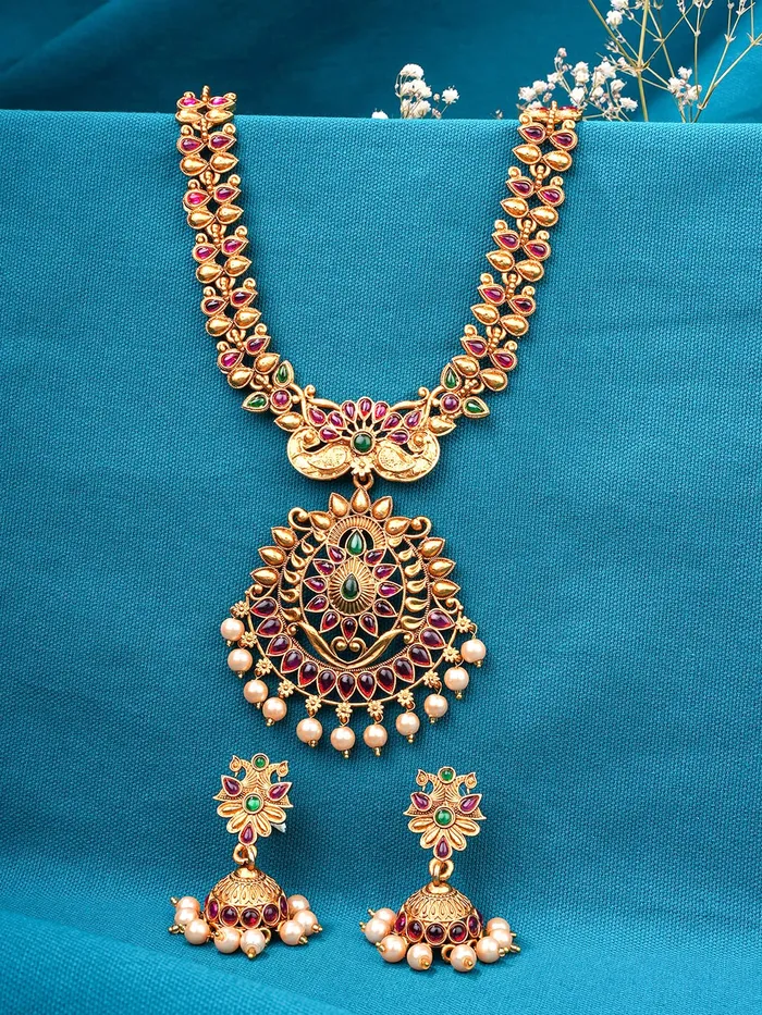 Necklaces Yellow Chimes Yellow Chimes Womens Temple Traditional Gold Plated Studded Stone Antique Jewellery Necklace Set