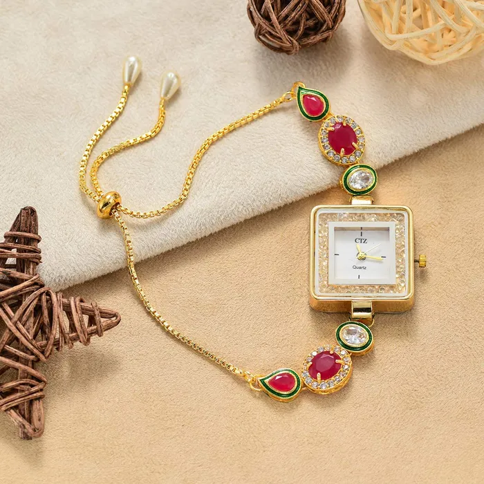 PreStyled Sets Yellow Chimes Yellow Chimes Classic Design Crystal Studded Kundan Gold Plated Traditional Square Shaped Adjuatable Chain Charm Bracelet for Women Girls