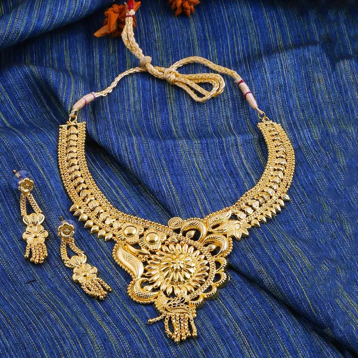 PreStyled Sets Yellow Chimes Yellow Chimes Ethnic One Gram Gold Designer Antique Golden Traditional Choker Necklace with Earrings Jewellery Set for Women Girls