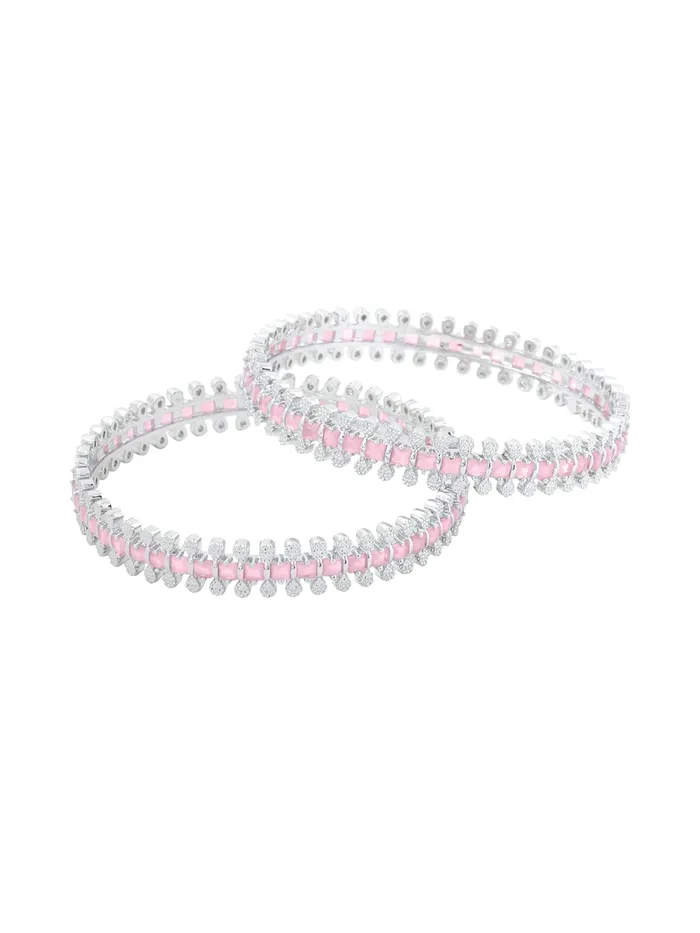 Rings Yellow Chimes AD Bangles Set Silver Rhodium Plated Bangle Set of 2 with Pink Stone Accents Birthday Gift for Women