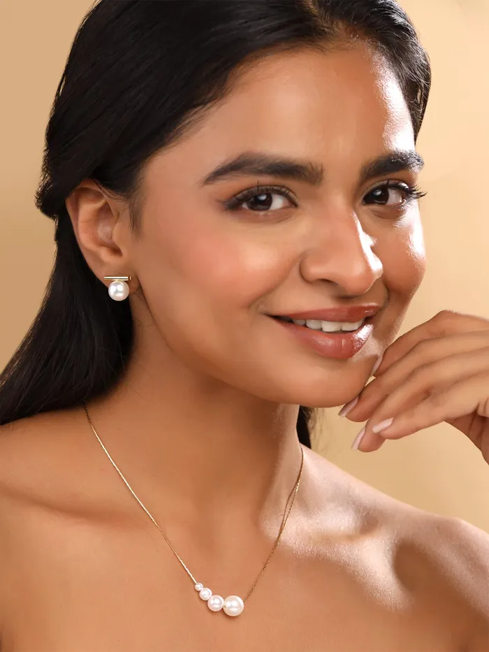 Rings Yellow Chimes Elegant Pearl Jewellery Set Necklace Earrings 25cm Chain Gold Plated White Pearls