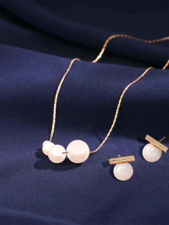 Rings Yellow Chimes Elegant Pearl Jewellery Set Necklace Earrings 25cm Chain Gold Plated White Pearls