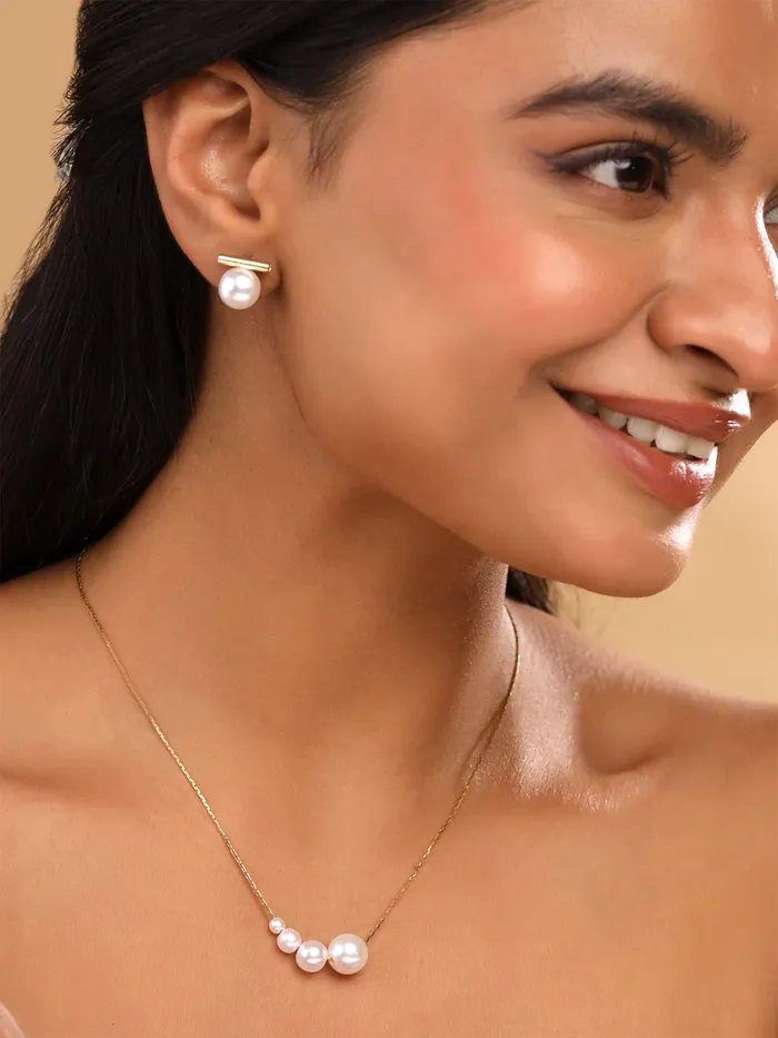 Rings Yellow Chimes Elegant Pearl Jewellery Set Necklace Earrings 25cm Chain Gold Plated White Pearls