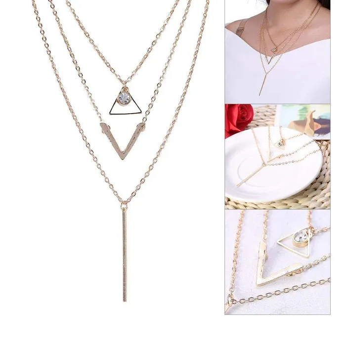 Rings Yellow Chimes Layered Necklace for Women Multi Layered Geometric Long Chain Necklace Crystal Gold Plated Choker Necklace for Women And Girls Yellow Chimes