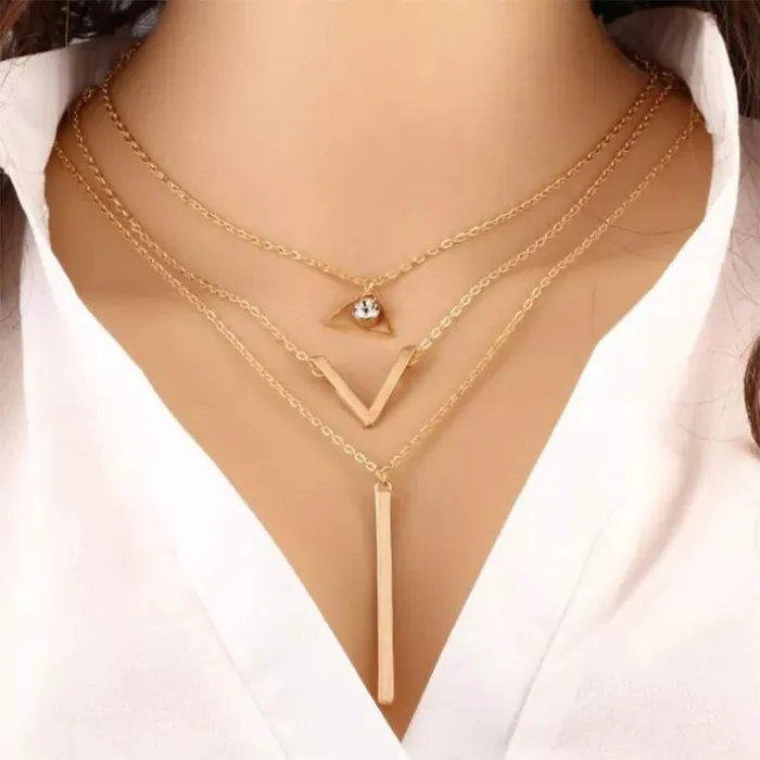 Rings Yellow Chimes Layered Necklace for Women Multi Layered Geometric Long Chain Necklace Crystal Gold Plated Choker Necklace for Women And Girls Yellow Chimes