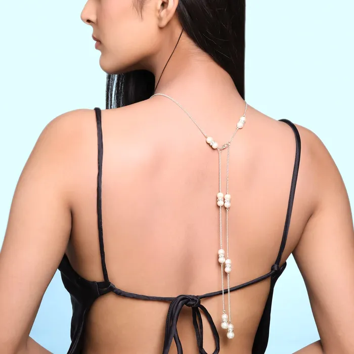 Rings Yellow Chimes Yellow Chimes Back Necklace For Women Gold Toned Pearl Beaded Body Chain With Necklace For Women and Girls