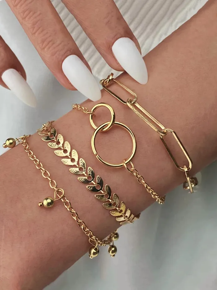 Rings Yellow Chimes Yellow Chimes Combo Bracelets for Women 4 Pcs Chain Links Gold Plated Multi Layered Bracelet Set for Women and Girls