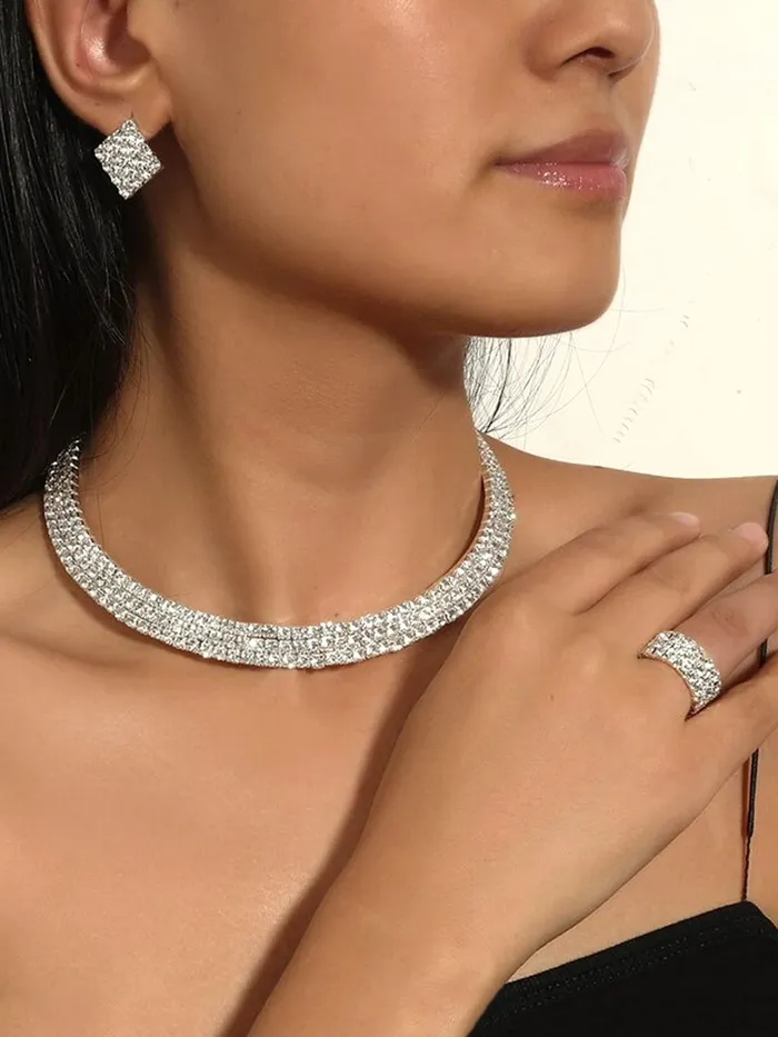 Rings Yellow Chimes Yellow Chimes Crystal Jewellery Set for Women Crystal Jewelry Set Silver Plated Choker Necklace Set with Earrings for Women and Girls Design 16