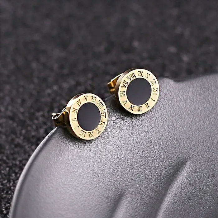 Rings Yellow Chimes Yellow Chimes Elegant Latest Fashion Gold Plated Stainless Steel Roman Numericals Engraved Stud Earrings for Women and Girls Medium YCFJER147ROMNGL