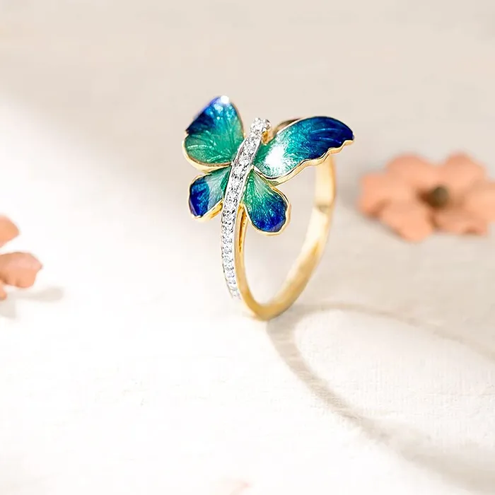 Rings Yellow Chimes Yellow Chimes Rings for Women Elegant Gold Plated Blue Butterfly Rings for Women and Girls Ring Design 1