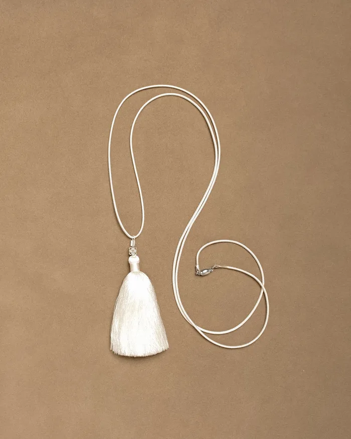 Silver Grape Ball Silk Tassel Necklace In White MYJN ATELIER Necklaces