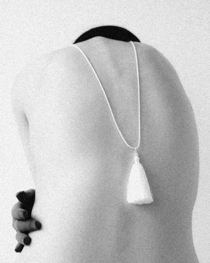 Silver Grape Ball Silk Tassel Necklace In White MYJN ATELIER Necklaces