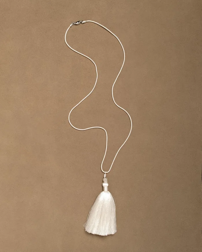 Silver Grape Ball Silk Tassel Necklace In White MYJN ATELIER Necklaces