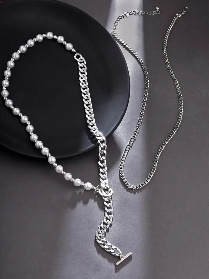 Silver Pearl Chain Necklace Rhodium Plated Mens Accessory One Size Elegant Silver Yellow Chimes Necklaces