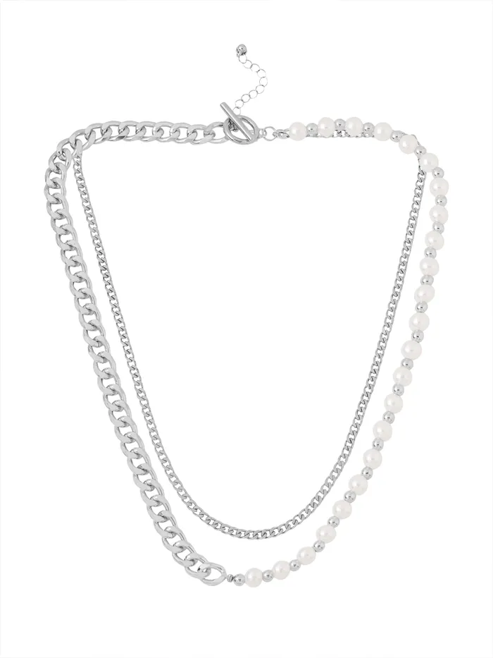 Silver Pearl Chain Necklace Rhodium Plated Mens Accessory One Size Elegant Silver Yellow Chimes Necklaces
