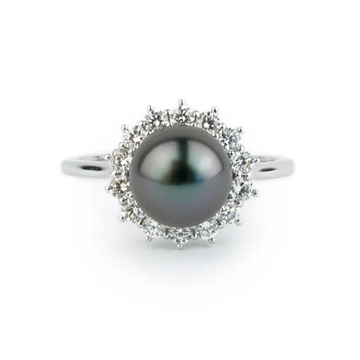 Tahitian Pearl Diamond Soleil Ring on 14K White Gold Kamoka Pearl Rings