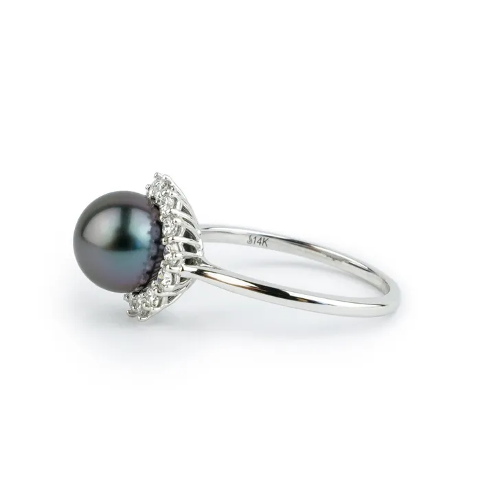 Tahitian Pearl Diamond Soleil Ring on 14K White Gold Kamoka Pearl Rings