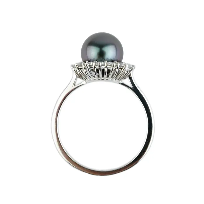 Tahitian Pearl Diamond Soleil Ring on 14K White Gold Kamoka Pearl Rings