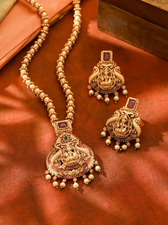Temple Jewellery Set Traditional Gold Plated Long Necklace For Women One Size Gold Yellow Chimes Necklaces