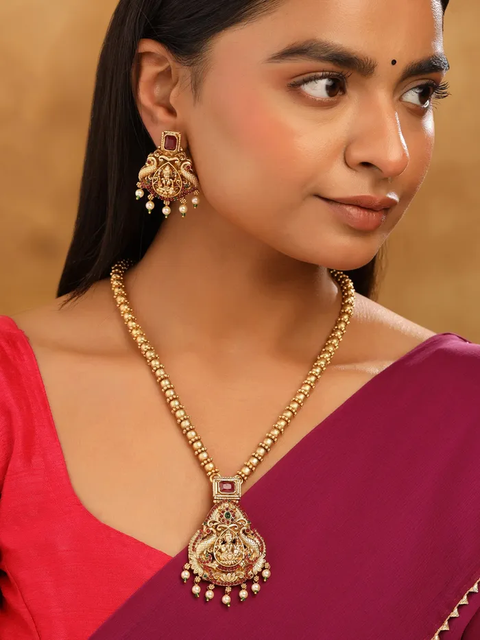 Temple Jewellery Set Traditional Gold Plated Long Necklace For Women One Size Gold Yellow Chimes Necklaces