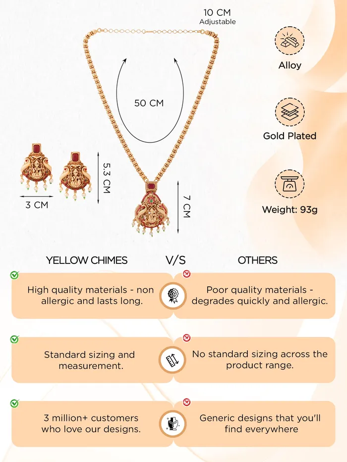 Temple Jewellery Set Traditional Gold Plated Long Necklace For Women One Size Gold Yellow Chimes Necklaces