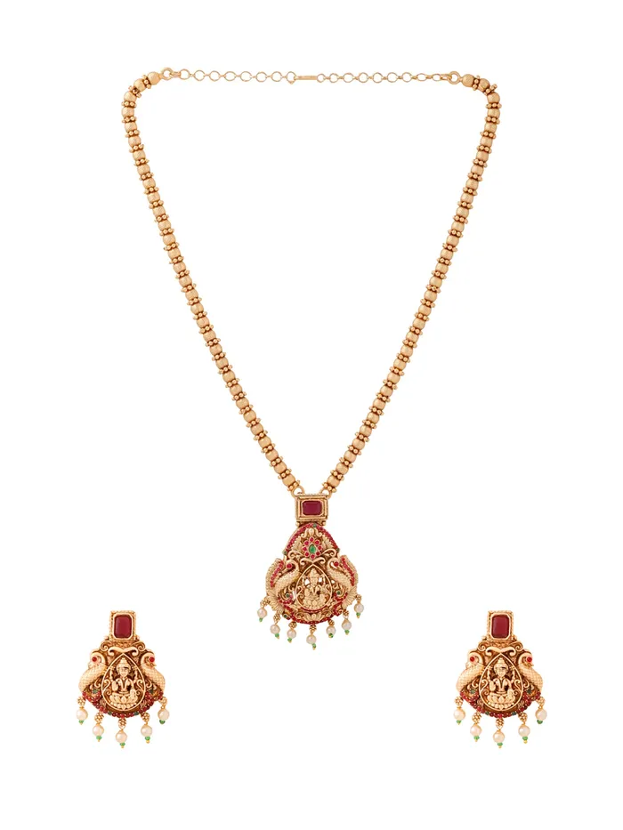 Temple Jewellery Set Traditional Gold Plated Long Necklace For Women One Size Gold Yellow Chimes Necklaces