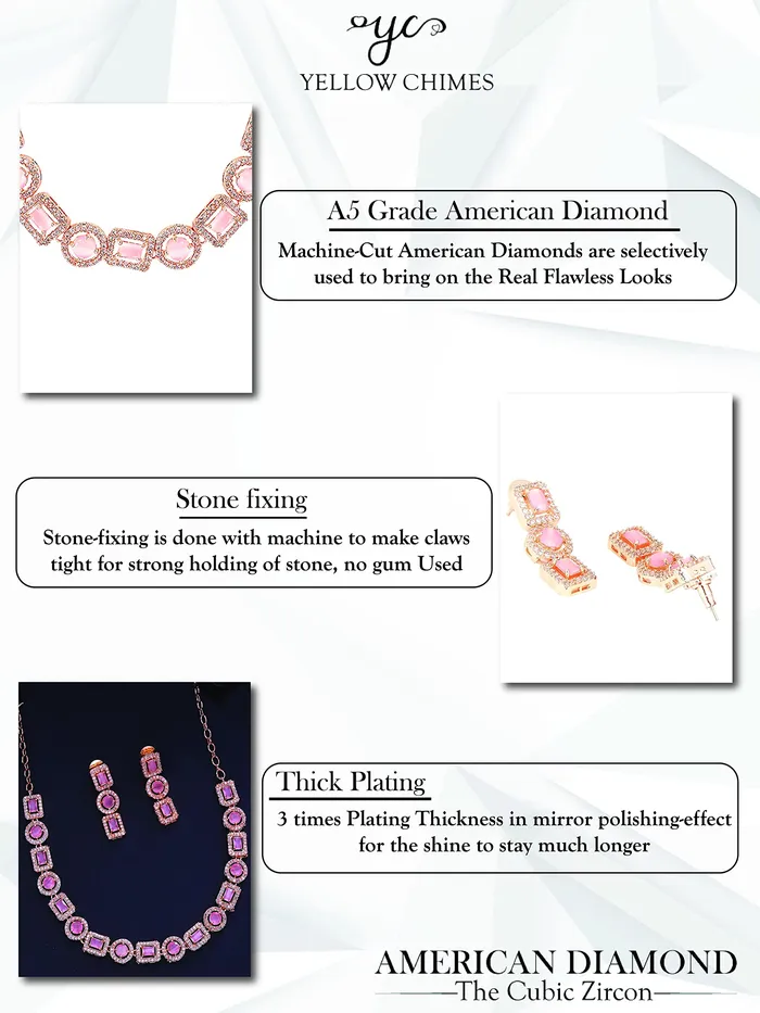 Yellow Chimes American Diamond Necklace Set For Women Pink Stone Rose Gold Jewellery Set For Women Diamond Necklace Set Birthday Gift for Girls Anniversary Gift for Wife Yellow Chimes Necklaces