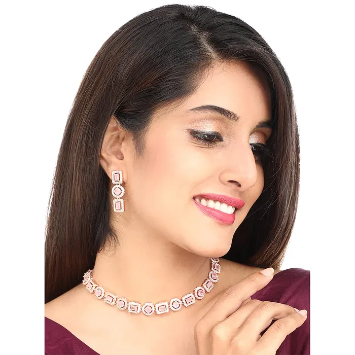 Yellow Chimes American Diamond Necklace Set For Women Pink Stone Rose Gold Jewellery Set For Women Diamond Necklace Set Birthday Gift for Girls Anniversary Gift for Wife Yellow Chimes Necklaces