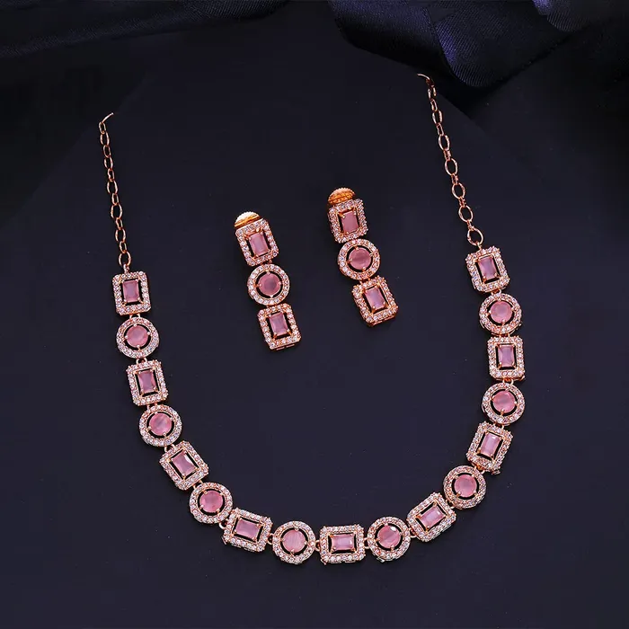 Yellow Chimes American Diamond Necklace Set For Women Pink Stone Rose Gold Jewellery Set For Women Diamond Necklace Set Birthday Gift for Girls Anniversary Gift for Wife Yellow Chimes Necklaces
