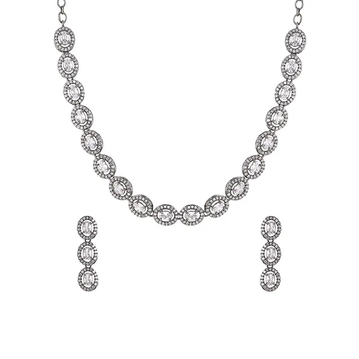 Yellow Chimes American Diamond Necklace Set For Women White Stone Black Silver Jewellery Set For Women Diamond Necklace Set Birthday Gift for Girls Anniversary Gift for Wife Yellow Chimes Necklaces
