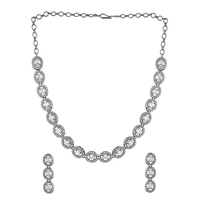 Yellow Chimes American Diamond Necklace Set For Women White Stone Black Silver Jewellery Set For Women Diamond Necklace Set Birthday Gift for Girls Anniversary Gift for Wife Yellow Chimes Necklaces