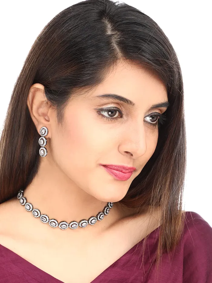 Yellow Chimes American Diamond Necklace Set For Women White Stone Black Silver Jewellery Set For Women Diamond Necklace Set Birthday Gift for Girls Anniversary Gift for Wife Yellow Chimes Necklaces