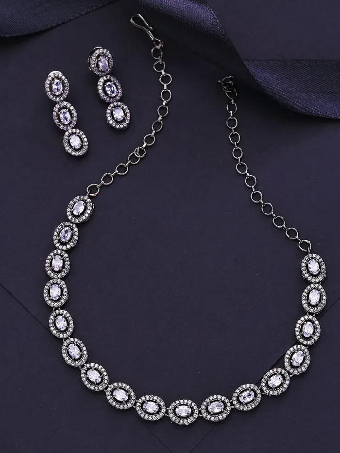 Yellow Chimes American Diamond Necklace Set For Women White Stone Black Silver Jewellery Set For Women Diamond Necklace Set Birthday Gift for Girls Anniversary Gift for Wife Yellow Chimes Necklaces