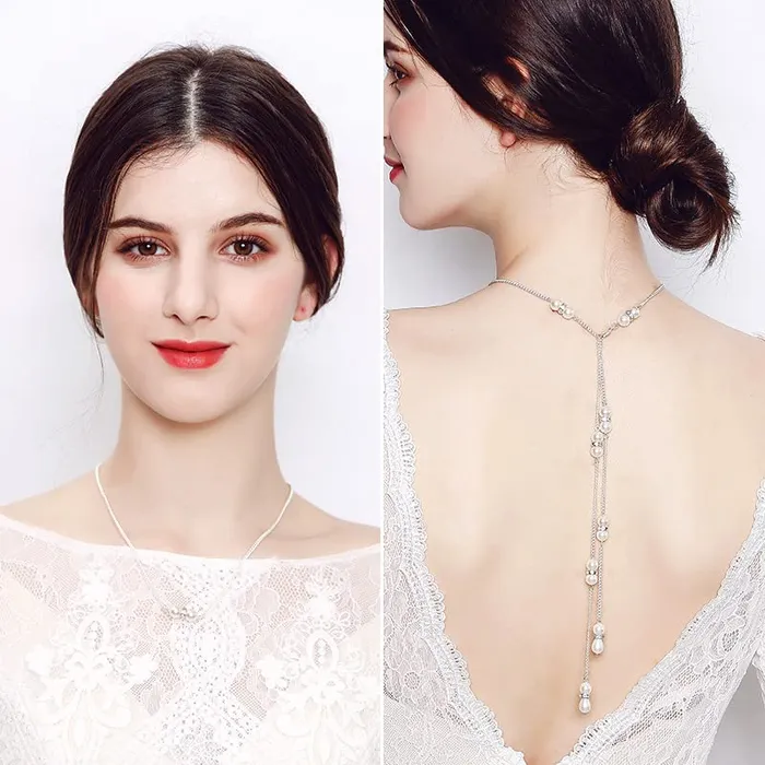 Yellow Chimes Back Necklace For Women Silver Tone Pearl Embellished Back Chain For Women and Girls Yellow Chimes Bracelets