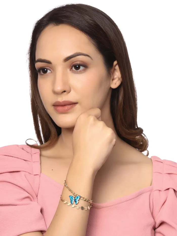 Yellow Chimes Bracelet For Women Gold Tone Dual Layer Chain With Blue Color Butterfly Charm Hanging Bracelet For Women and Girls Yellow Chimes Earrings