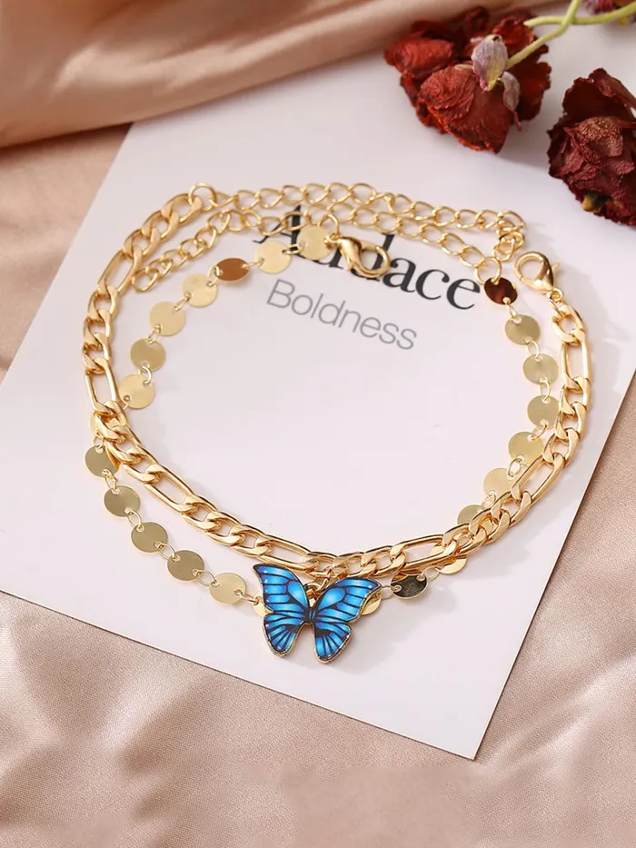 Yellow Chimes Bracelet For Women Gold Tone Dual Layer Chain With Blue Color Butterfly Charm Hanging Bracelet For Women and Girls Yellow Chimes Earrings