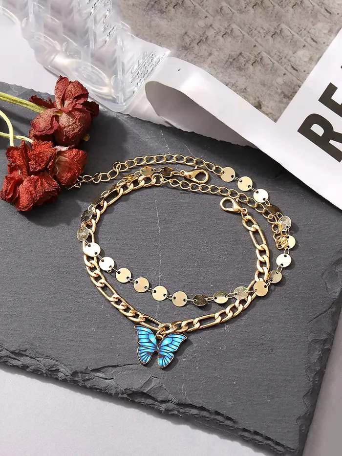 Yellow Chimes Bracelet For Women Gold Tone Dual Layer Chain With Blue Color Butterfly Charm Hanging Bracelet For Women and Girls Yellow Chimes Earrings