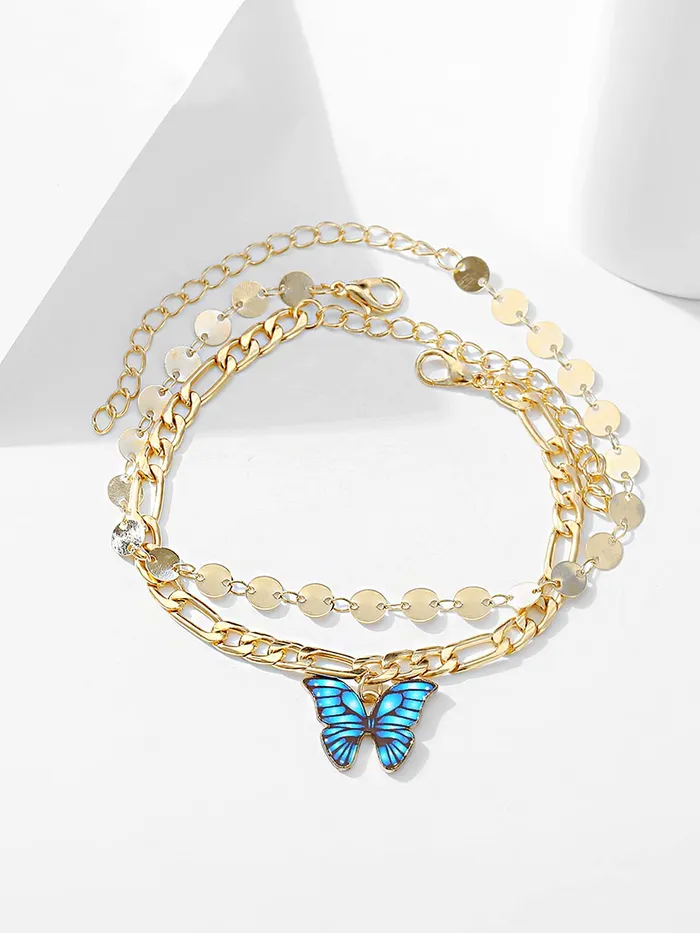Yellow Chimes Bracelet For Women Gold Tone Dual Layer Chain With Blue Color Butterfly Charm Hanging Bracelet For Women and Girls Yellow Chimes Earrings
