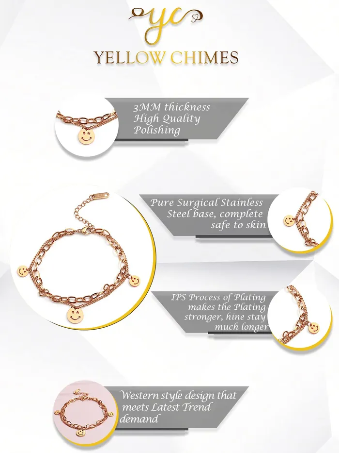 Yellow Chimes Bracelets Yellow Chimes Charm Bracelet for Women Rose GoldPlated Stainless Steel Link Chain Smiley Charm Bracelet For Women and Girls