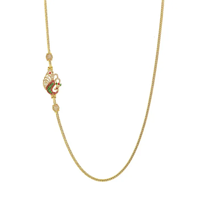 Yellow Chimes Bracelets Yellow Chimes Classic ADAmerican Diamond Studded Gold Plated Necklace Peacock Ball Mugappu Mopu Chain Design Thali chain with side Mugappu for Women and Girls Gold Multicolour Medium