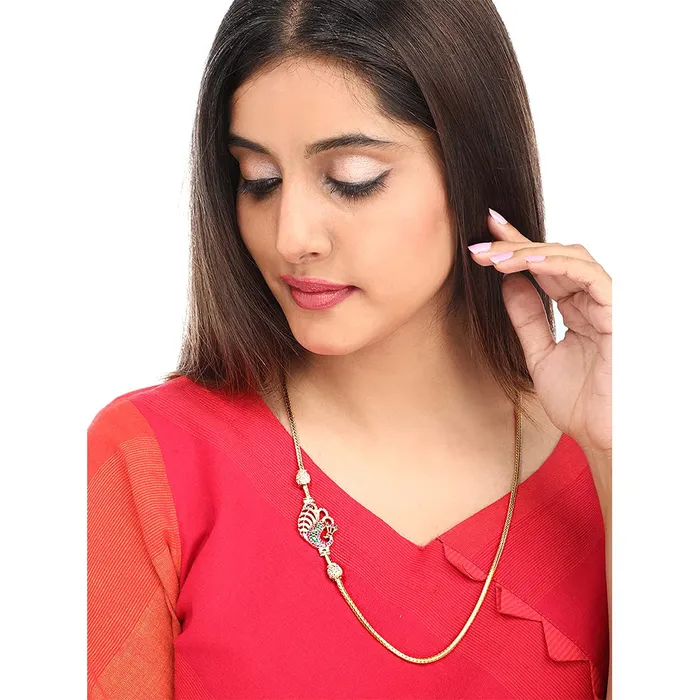 Yellow Chimes Bracelets Yellow Chimes Classic ADAmerican Diamond Studded Gold Plated Necklace Peacock Ball Mugappu Mopu Chain Design Thali chain with side Mugappu for Women and Girls Gold Multicolour Medium