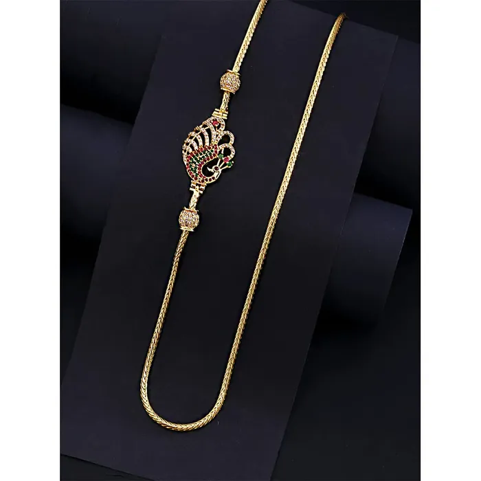 Yellow Chimes Bracelets Yellow Chimes Classic ADAmerican Diamond Studded Gold Plated Necklace Peacock Ball Mugappu Mopu Chain Design Thali chain with side Mugappu for Women and Girls Gold Multicolour Medium