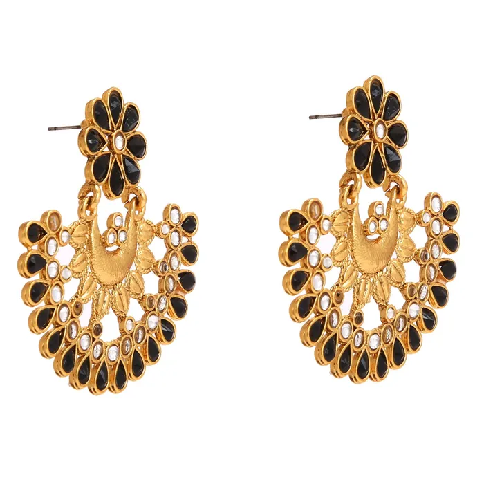 Yellow Chimes Bracelets Yellow Chimes Ethnic Black Kundan Studded Traditional Gold Plated Chand Bali Earrings for Women and Girls