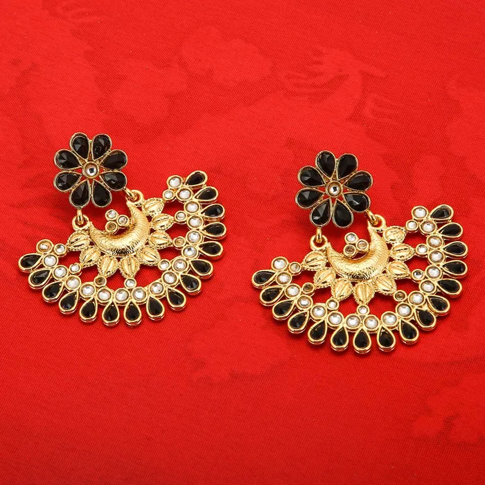 Yellow Chimes Bracelets Yellow Chimes Ethnic Black Kundan Studded Traditional Gold Plated Chand Bali Earrings for Women and Girls