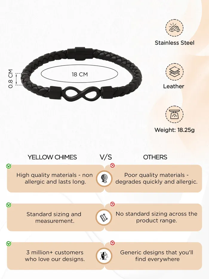 Yellow Chimes Bracelets Yellow Chimes Leather Bracelets for Men Fashion Black Bracelet Mens Infinity Leather Bracelet For Boys Hand Accessories for Men Birthday Gift for Boys Men Anniversary Gift for Husband