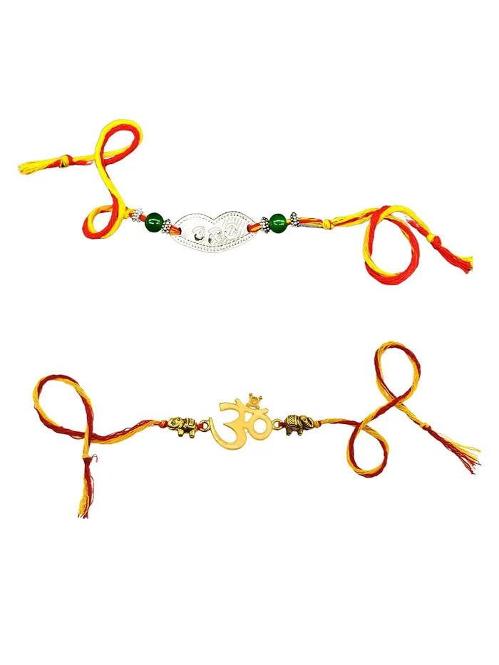 Yellow Chimes Bracelets Yellow Chimes Set of 2 Pcs Handmade Dori Worked Silver Toned OM and Brother Engraved Design Rudraksh Rakhi for Brother with Roli Chawal Red Silver Medium YCTJRK08BHAYSL for Men